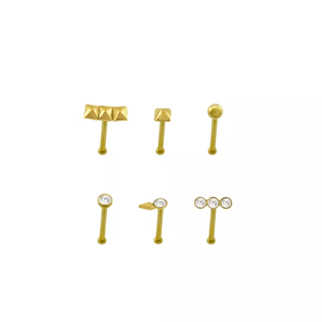 Multi-Pack CZ Titanium Goldtone Nose Pins 6 Pack - 18 Gauge