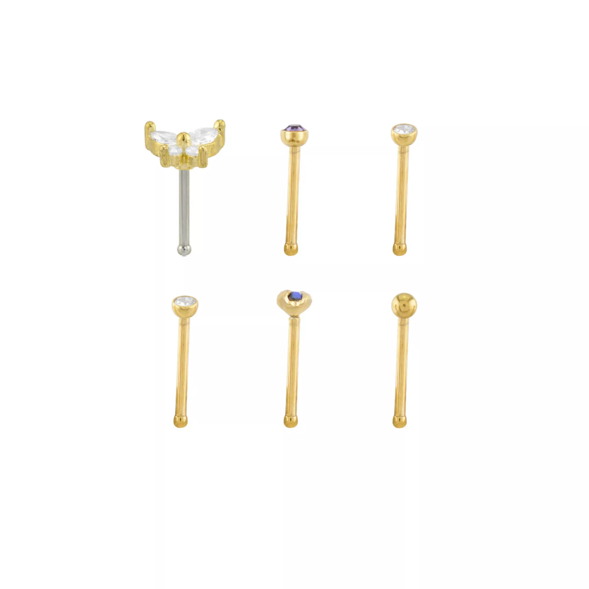 Multi-Pack CZ Titanium Gold-Toned Butterfly Nose Pins 6 Pack - 20 Gauge at Spencer's