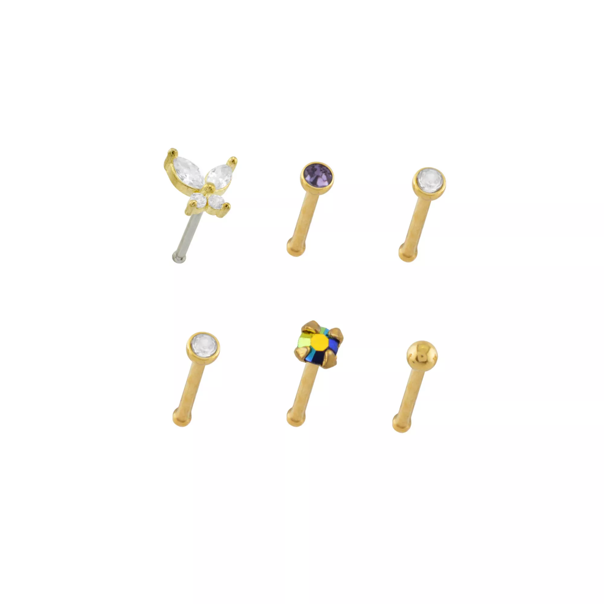 Multi-Pack CZ Titanium Gold-Toned Butterfly Nose Pins 6 Pack - 20 Gauge at Spencer's
