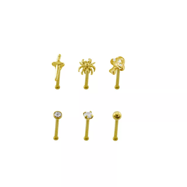 Multi-Pack CZ Gold-Toned Mushroom Nose Pins 6 Pack - 18 Gauge at Spencer's