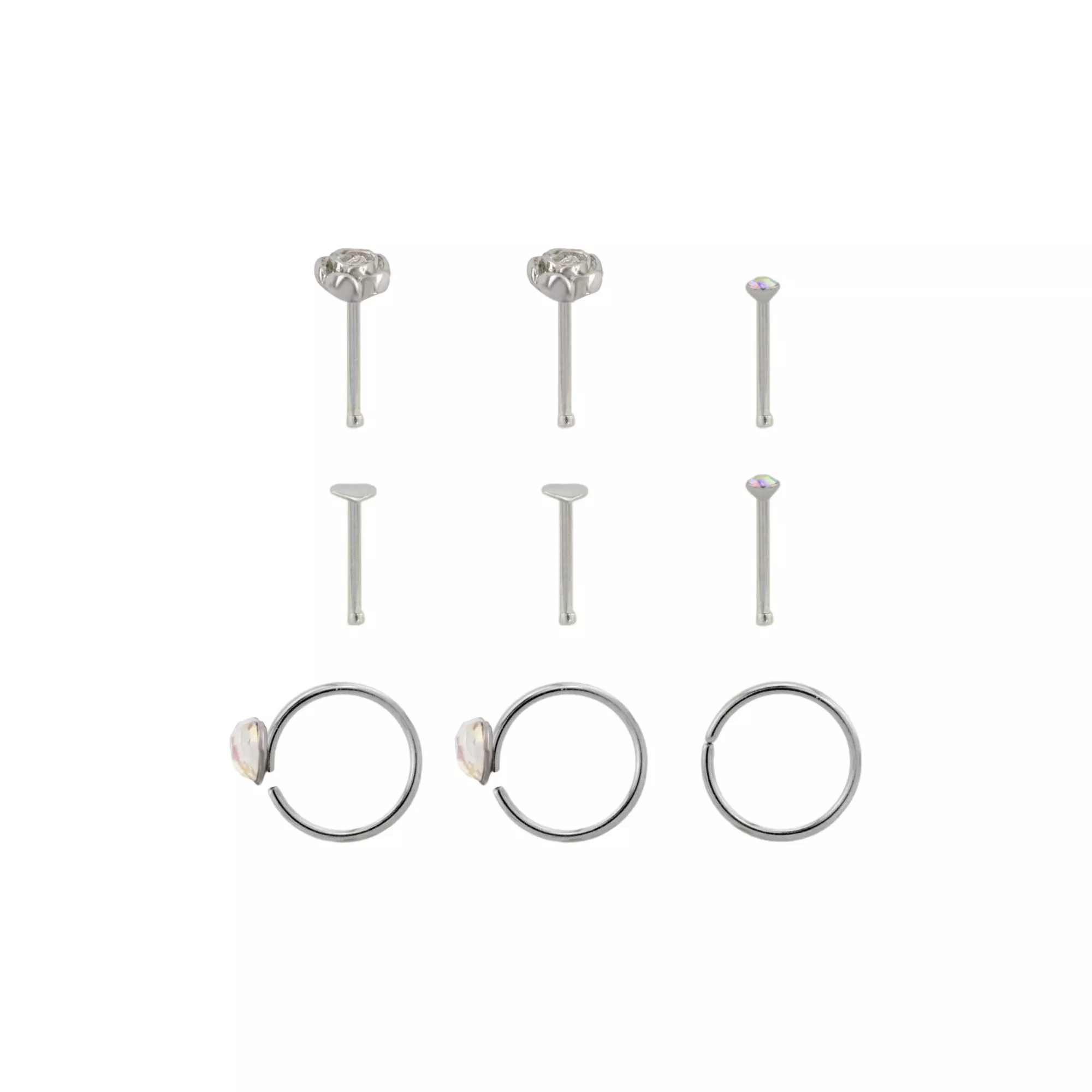 Multi-Pack Iridescent CZ Flower Silver-Plated Titanium Nose Pins and Hoops 9 Pack - 20 Gauge at Spencer's
