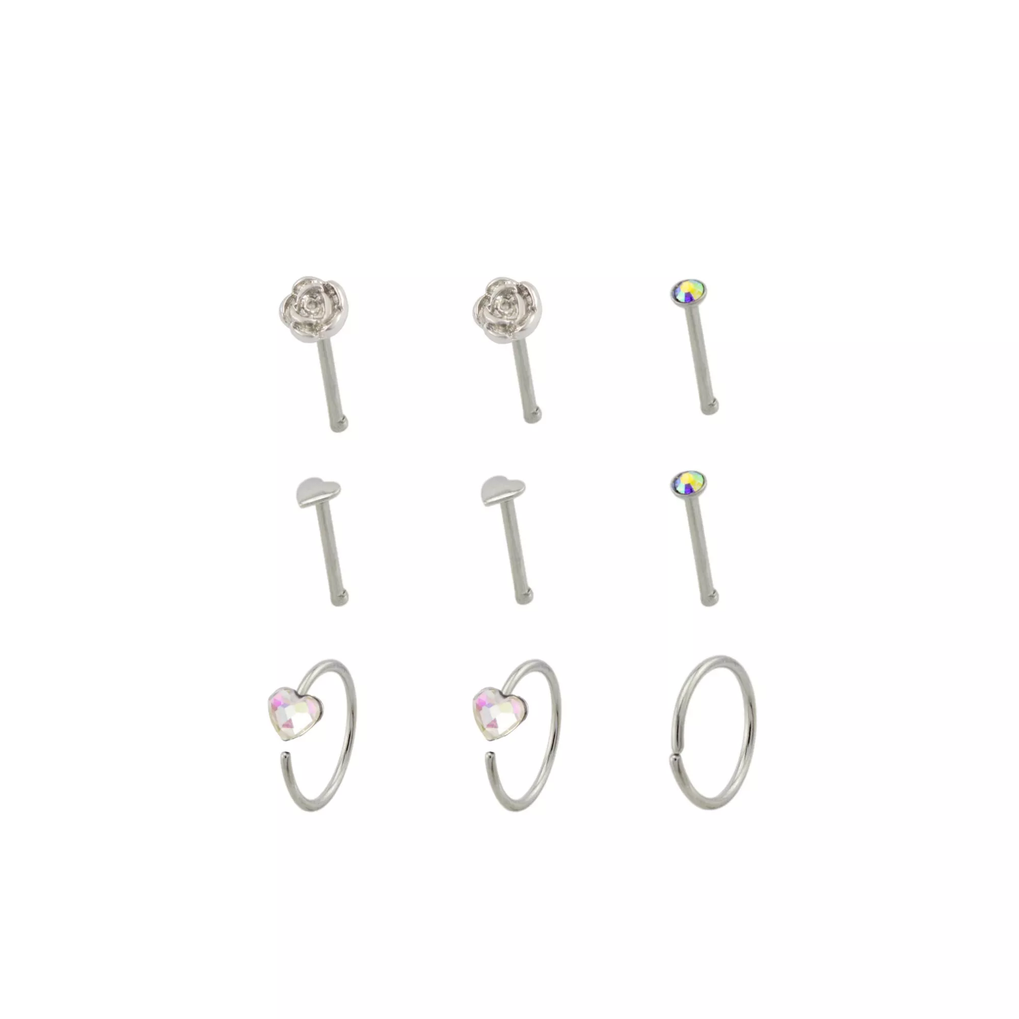 Multi-Pack Iridescent CZ Flower Silver-Plated Titanium Nose Pins and Hoops 9 Pack - 20 Gauge at Spencer's