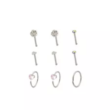 Multi-Pack Iridescent CZ Flower Silver-Plated Titanium Nose Pins and Hoops 9 Pack - 20 Gauge at Spencer's