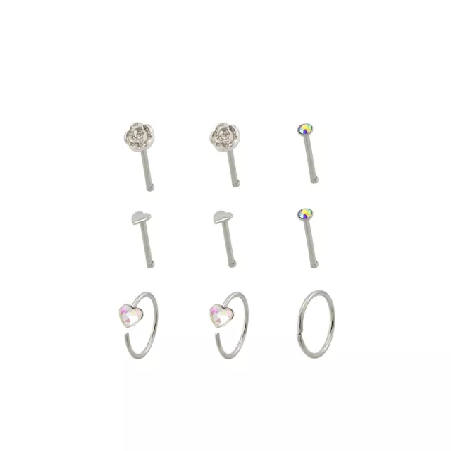 Multi-Pack Iridescent CZ Flower Silver-Plated Titanium Nose Pins and Hoops 9 Pack - 20 Gauge at Spencer's