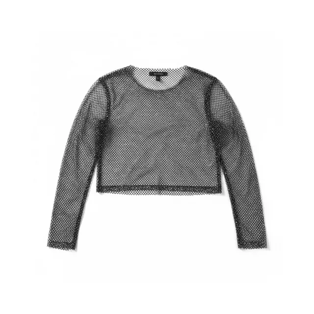 Gray Rhinestone Mesh Long Sleeve Crop Top at Spencer's