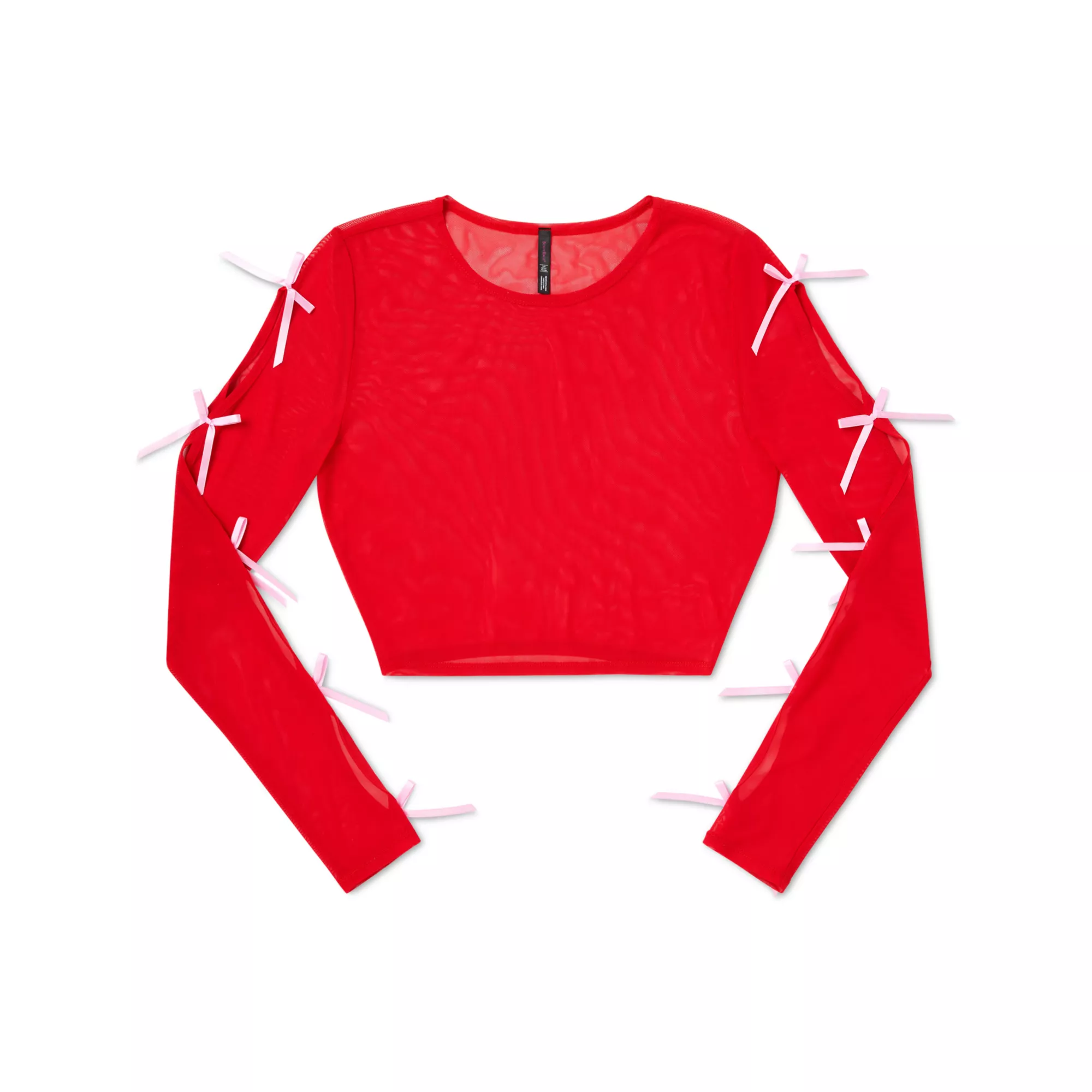 Red and Pink Bow Long Sleeve Mesh Crop Top at Spencer's