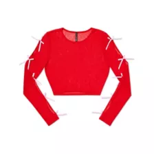 Red and Pink Bow Long Sleeve Mesh Crop Top at Spencer's