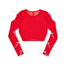 Red and Pink Bow Long Sleeve Mesh Crop Top at Spencer's