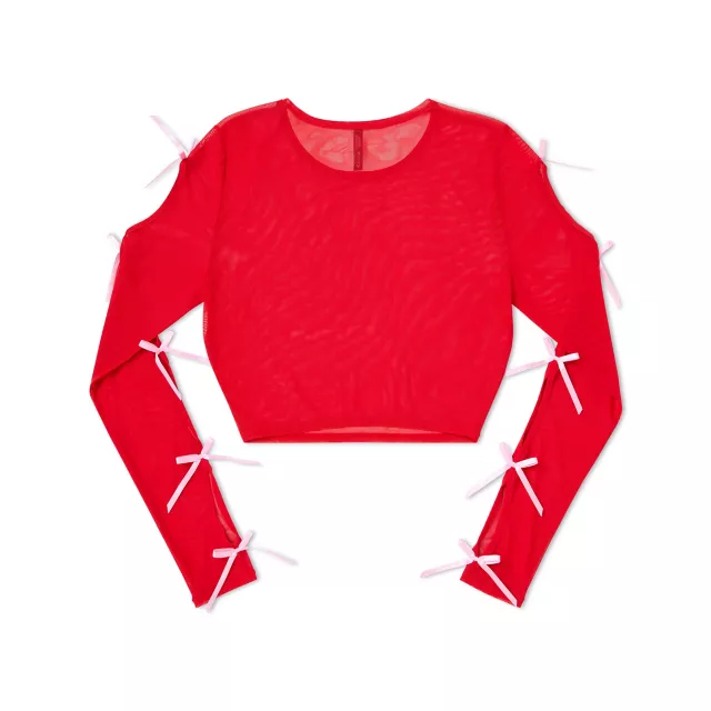 Red and Pink Bow Long Sleeve Mesh Crop Top at Spencer's