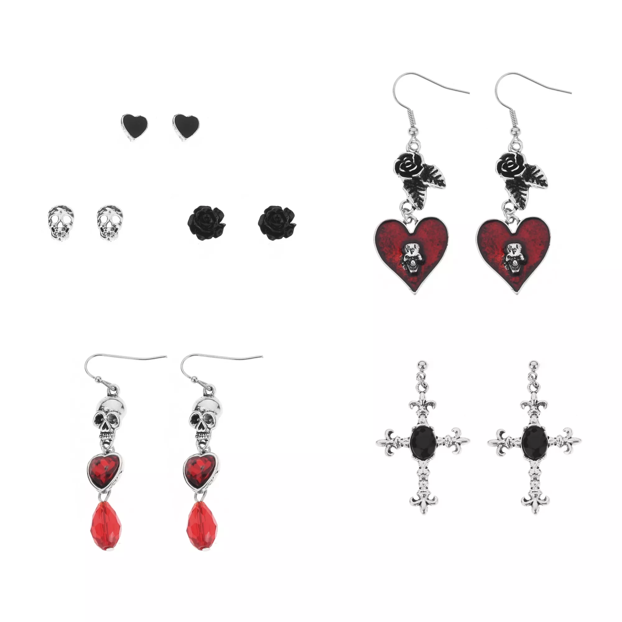 Multi-Pack Heart Skull Cross Earrings - 6 Pair at Spencer's