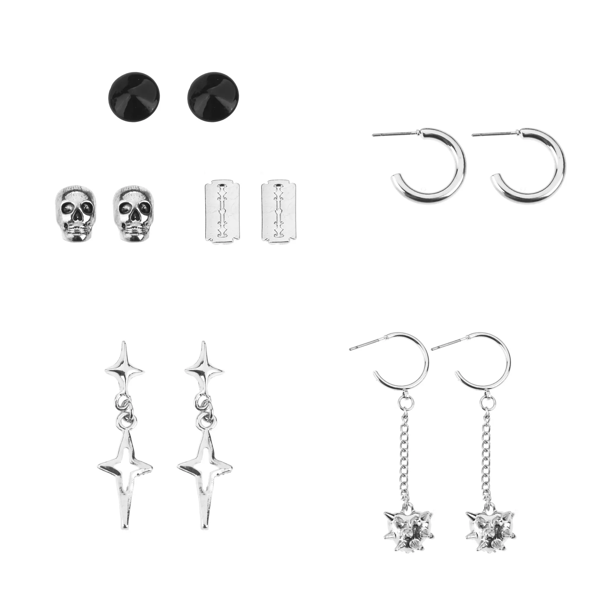 Multi-Pack Silver-Plated Punk Rock Stud and Hoop Earrings - 6 Pairs at Spencer's