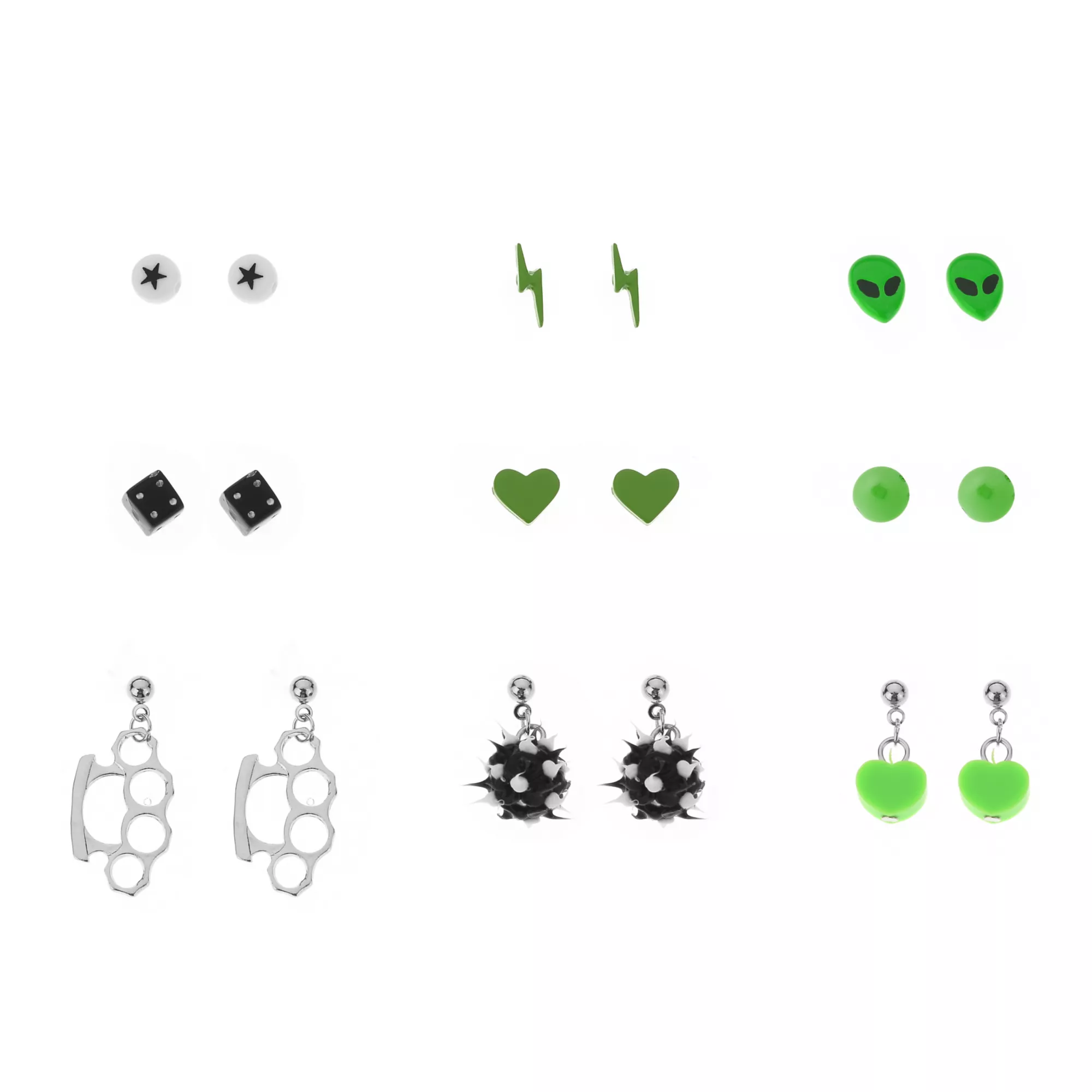 Multi-Pack Green and Black Heart Alien Earrings - 9 Pair