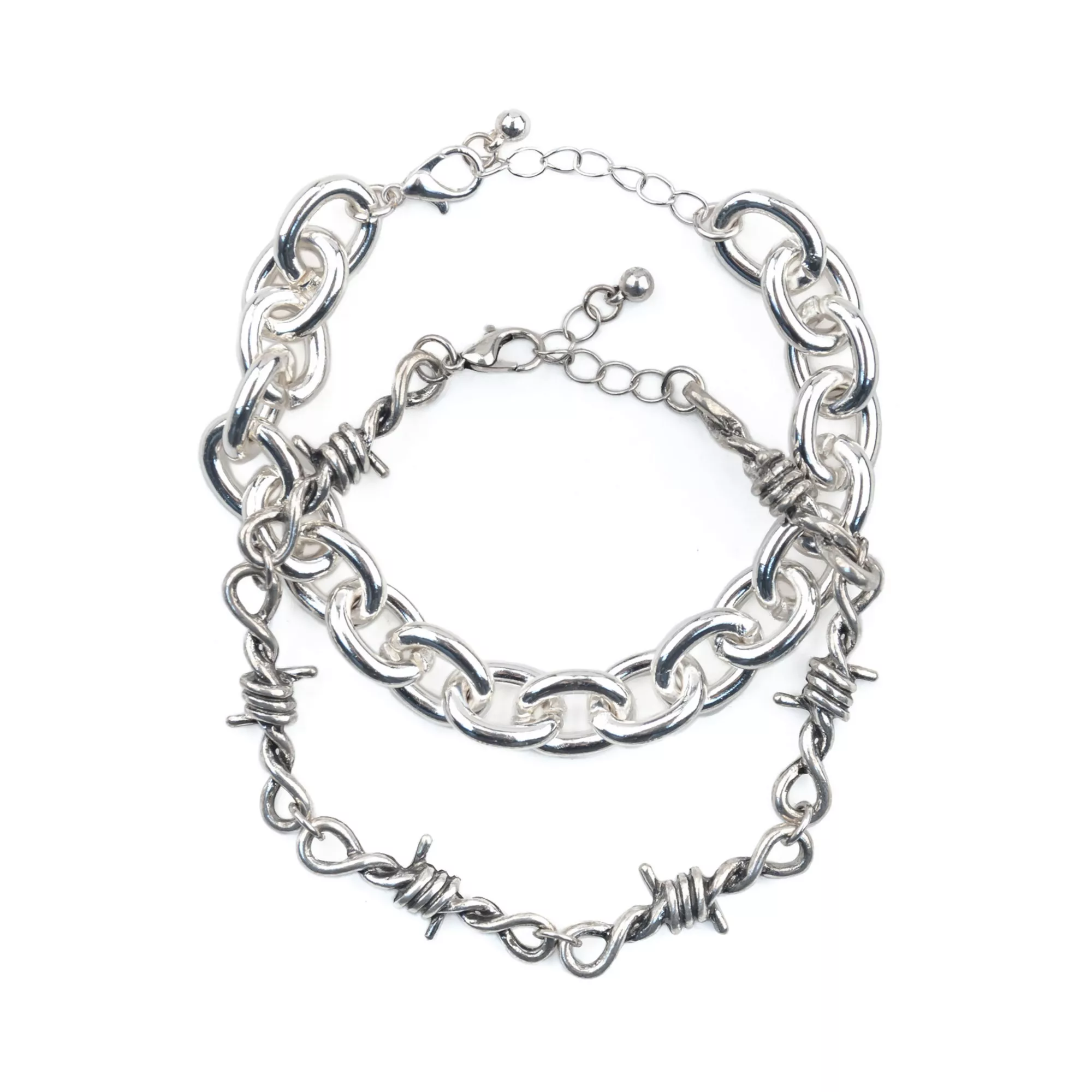 Chain Link and Barbed Wire Silver-Tone Bracelets - 2 Pack