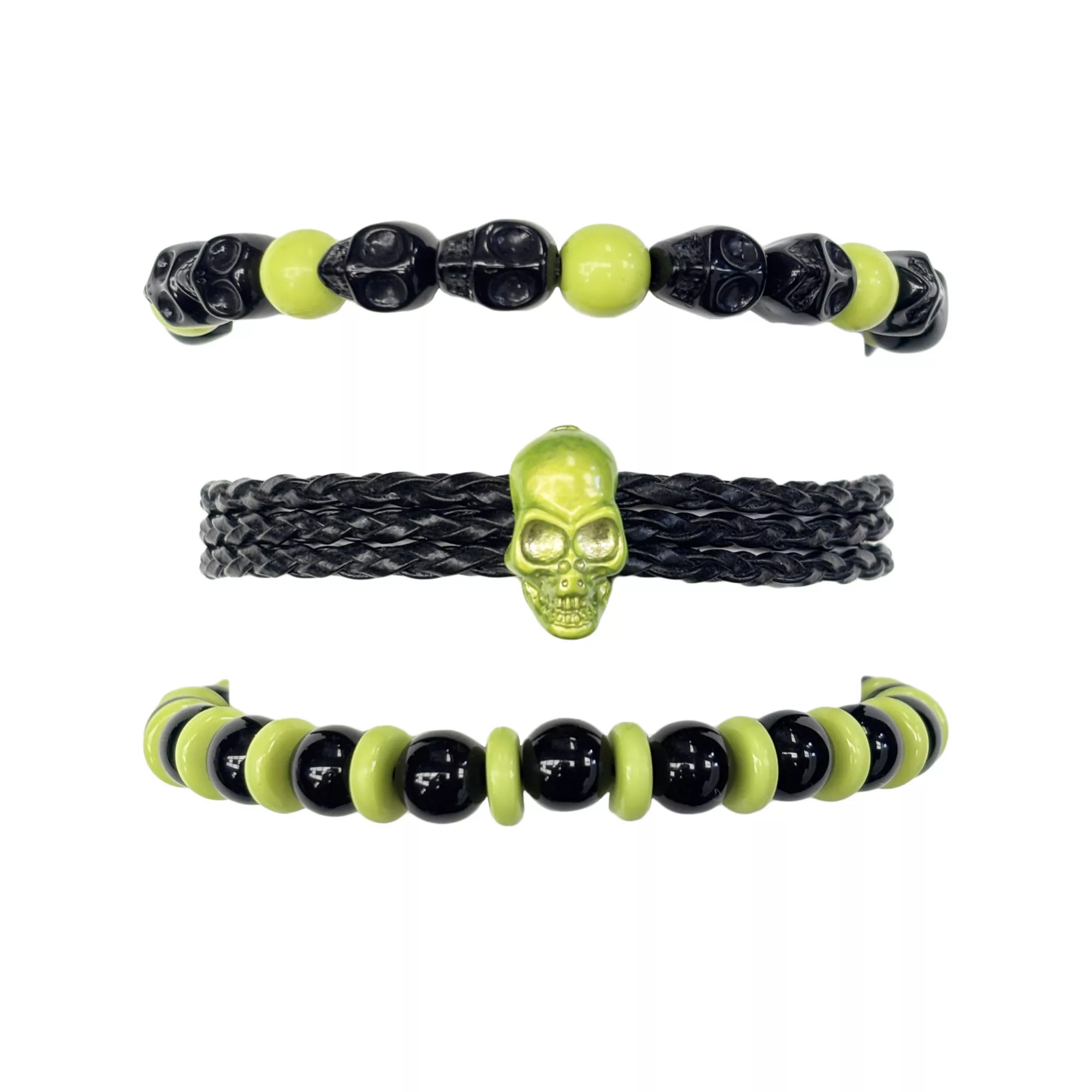 Multi-Pack Green and Black Beaded Skull Bracelets - 3 Pack at Spencer's