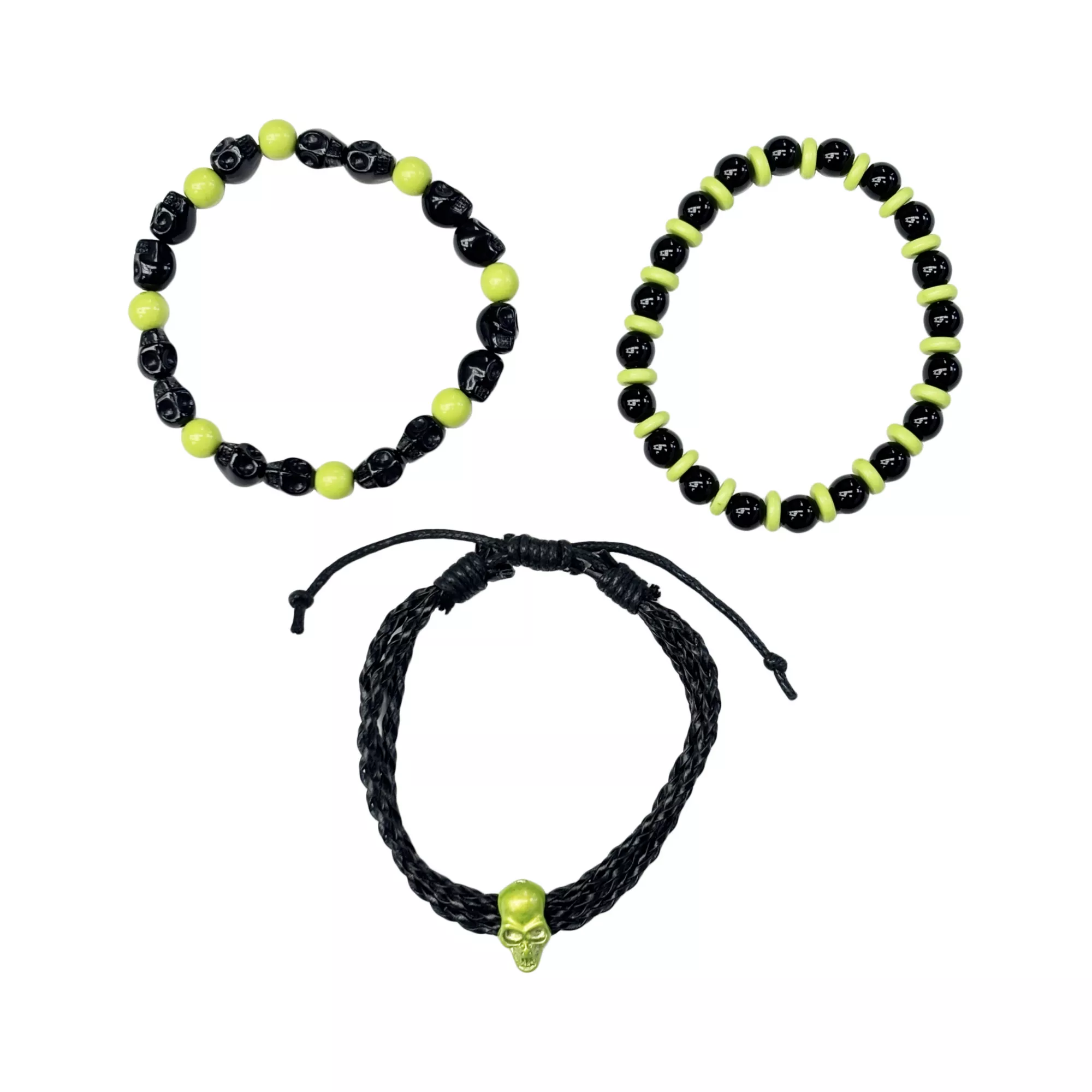 Multi-Pack Green and Black Beaded Skull Bracelets - 3 Pack at Spencer's