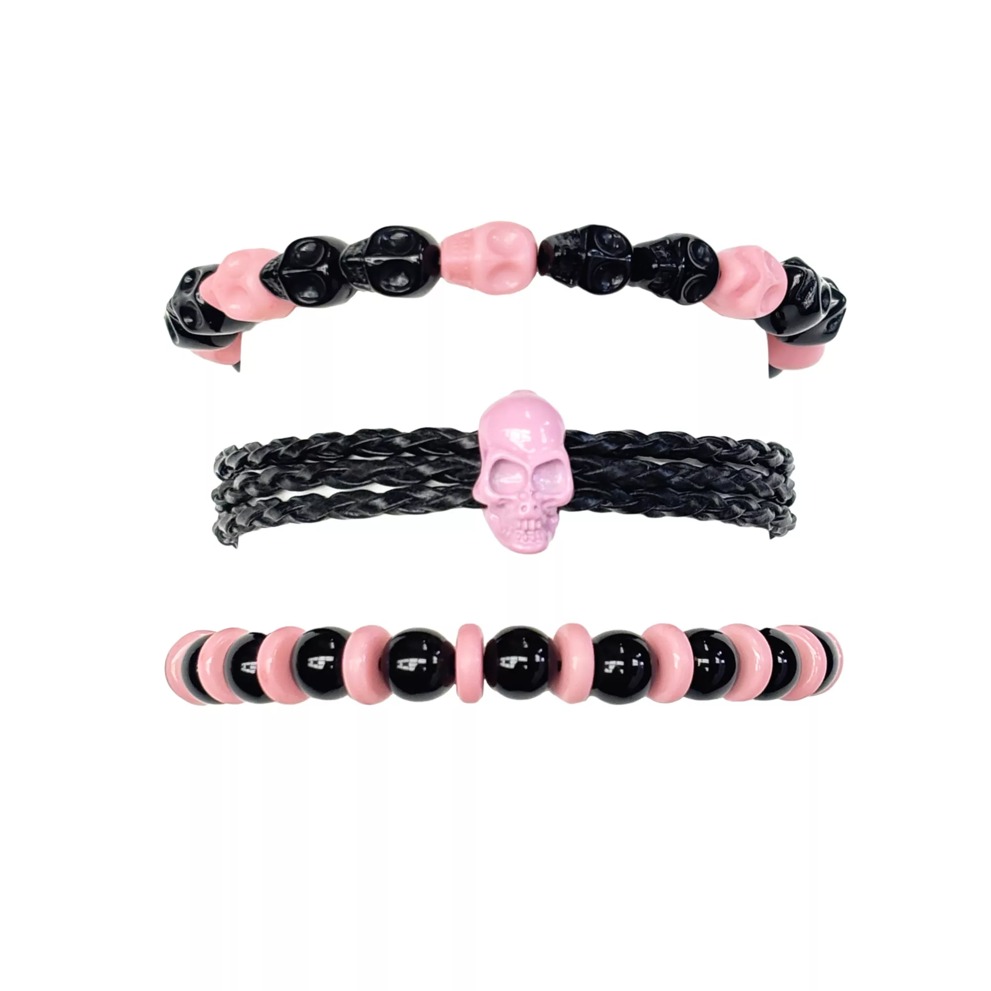 Multi-Pack Pink and Black Beaded Skull Bracelets - 3 Pack at Spencer's