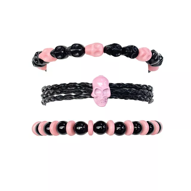 Multi-Pack Pink and Black Beaded Skull Bracelets - 3 Pack at Spencer's