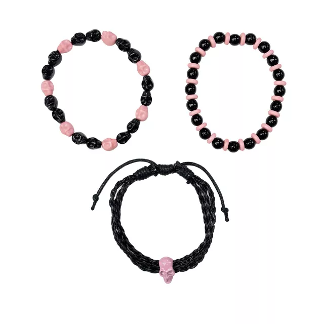 Multi-Pack Pink and Black Beaded Skull Bracelets - 3 Pack at Spencer's
