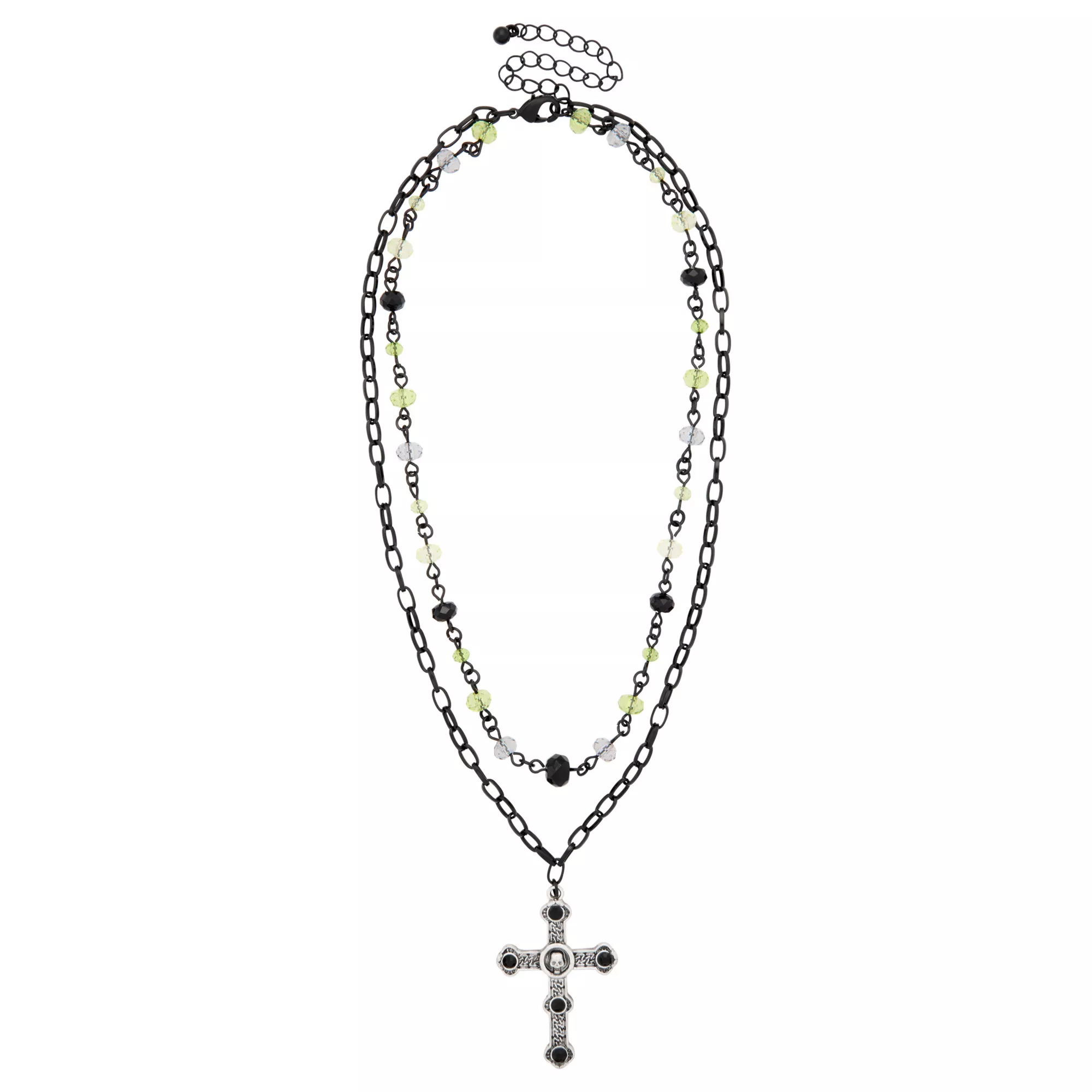 2-Row Black Skull Cross Beaded Chain Necklace