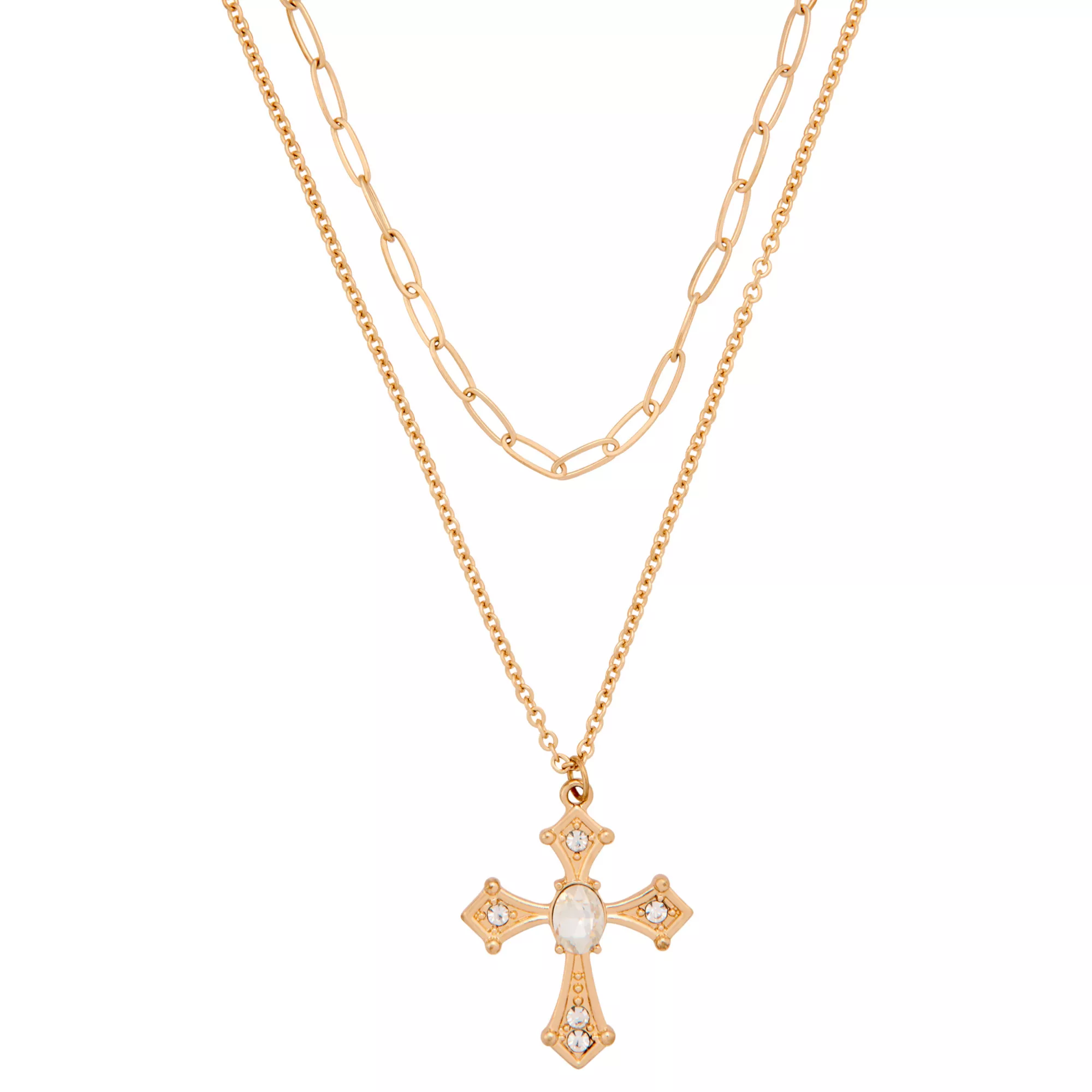 2-Row Clear CZ Cross Gold-Tone Necklace