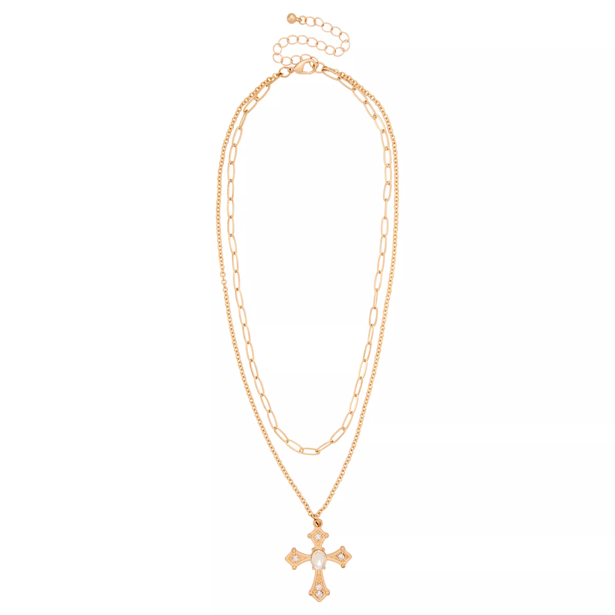 2-Row Clear CZ Cross Gold-Tone Necklace