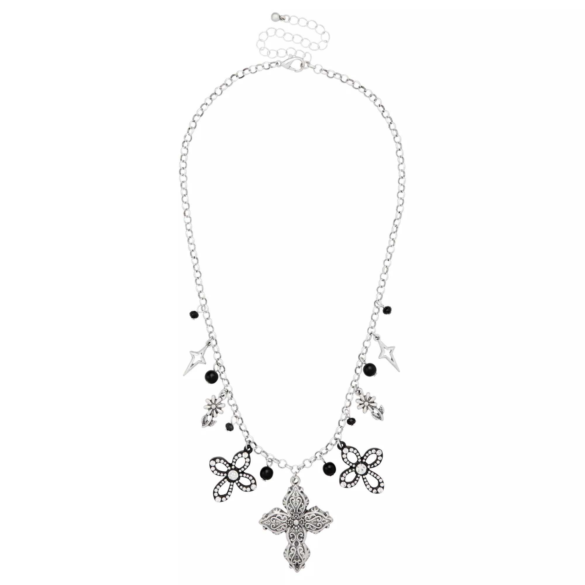 Cross and Flower Charm Necklace