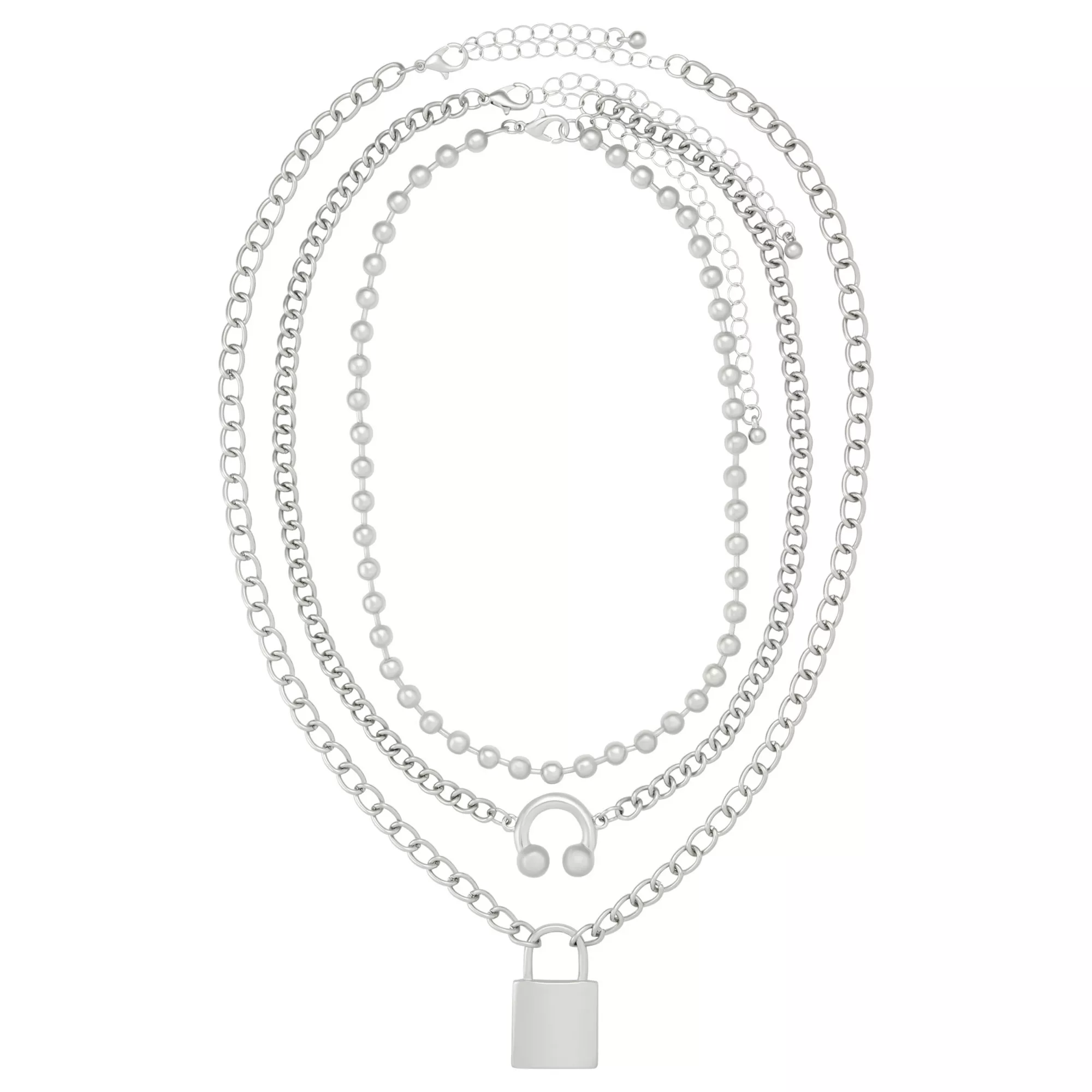 Multi-Pack Lock and Horseshoe Charm Silver-Tone Chain Necklaces - 3 Pack