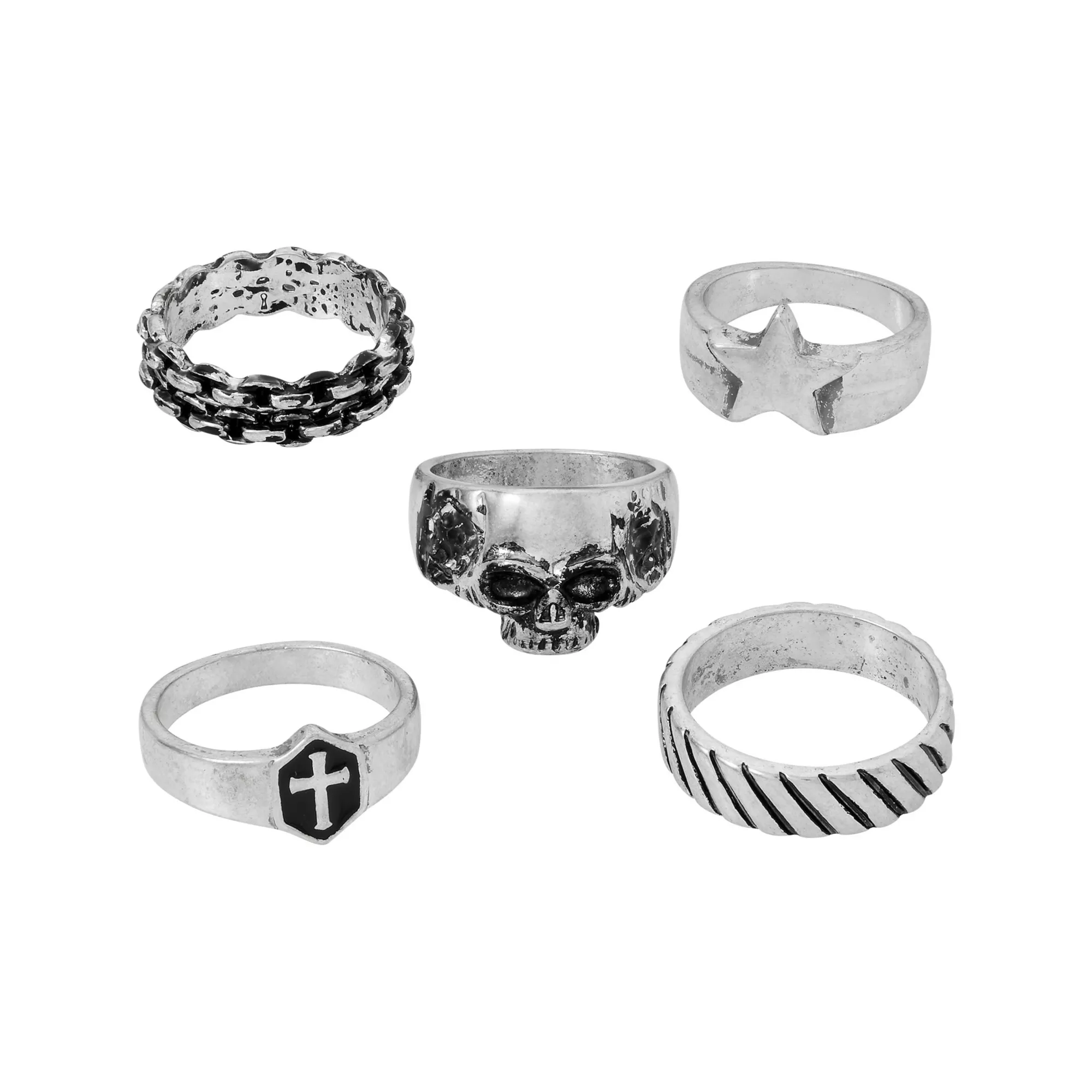 Multi-Pack Skull Cross Star Assorted Rings - 5 Pack at Spencer's