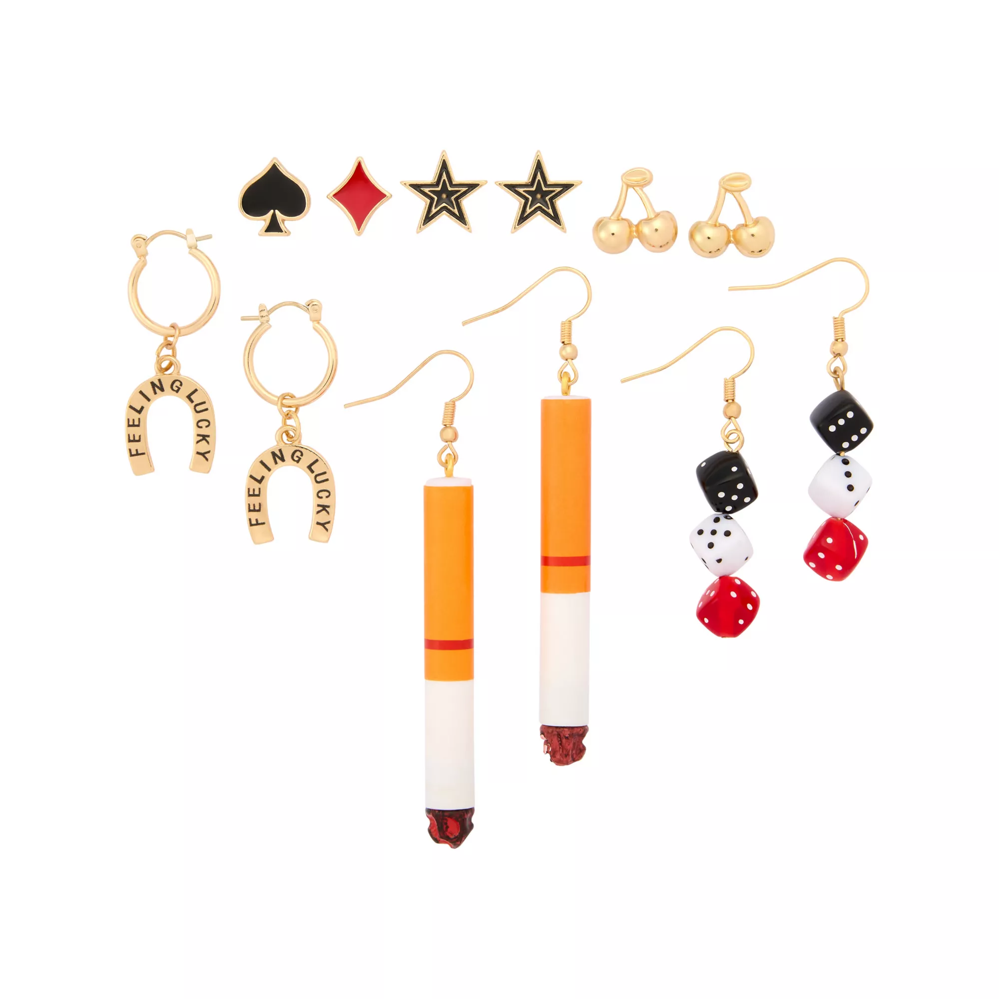 Multi-Pack Cigarette Dice Cherry Gold-Tone Earrings - 6 Pair