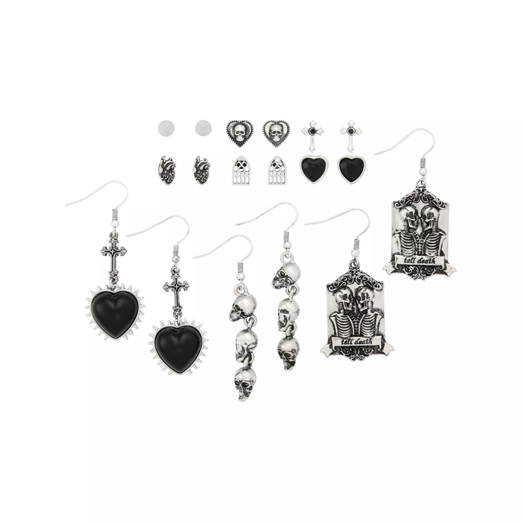 Multi-Pack Skull Heart Tombstone Earrings - 9 Pair