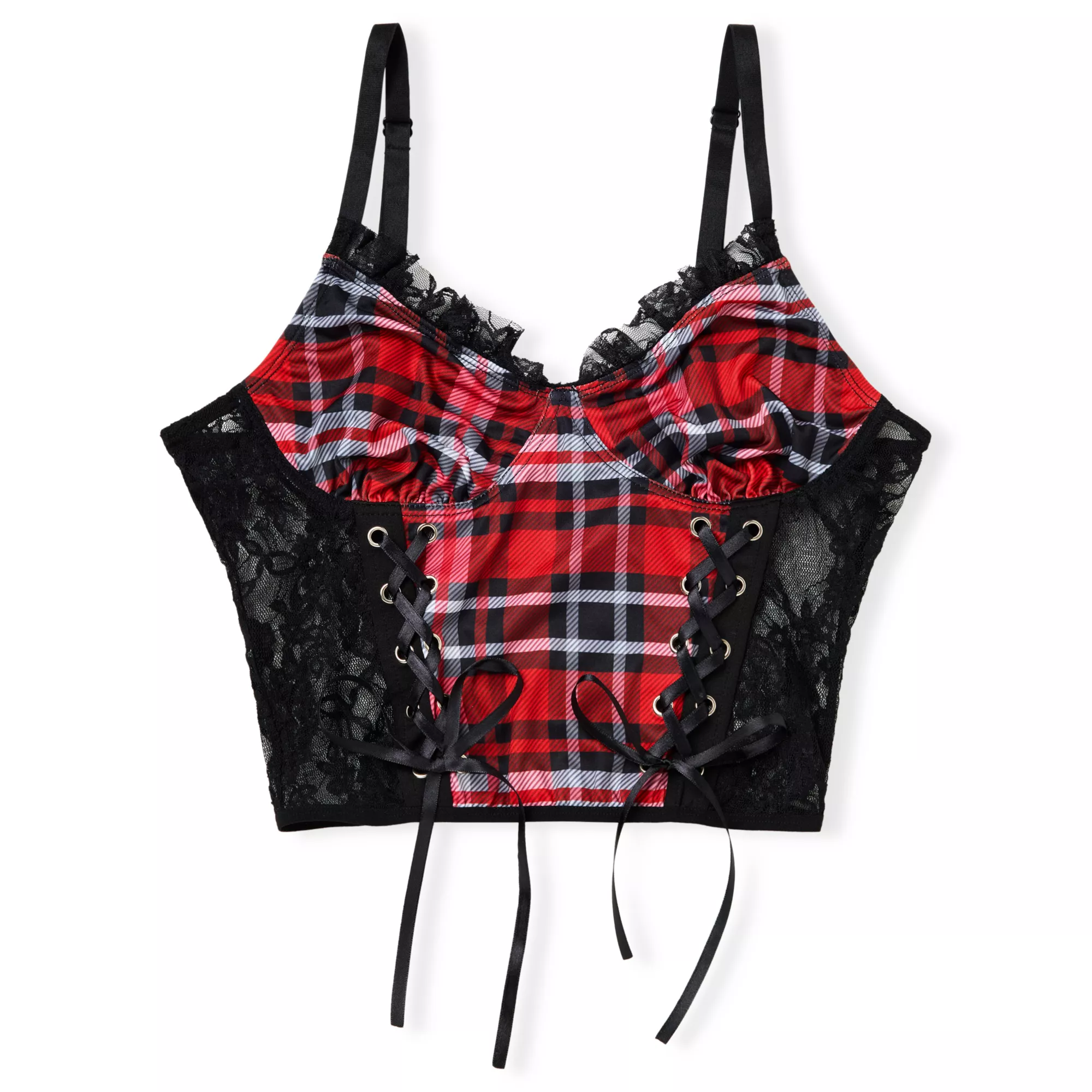 Red Plaid Lace-Up Corset Top