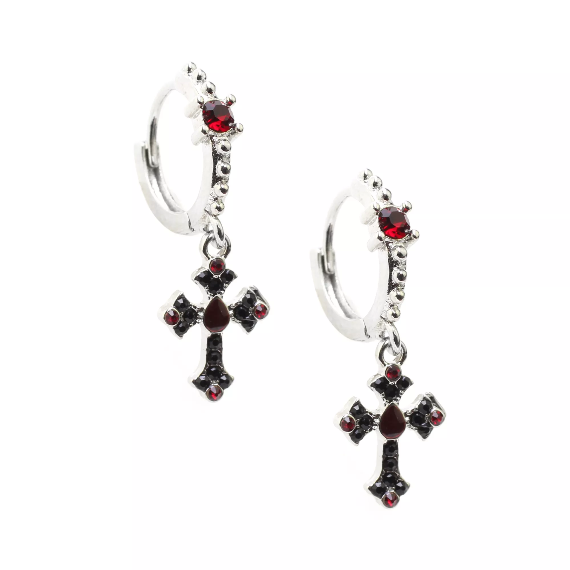 Black and Red Cross Dangle Huggie Hoop Earrings - 18 Gauge