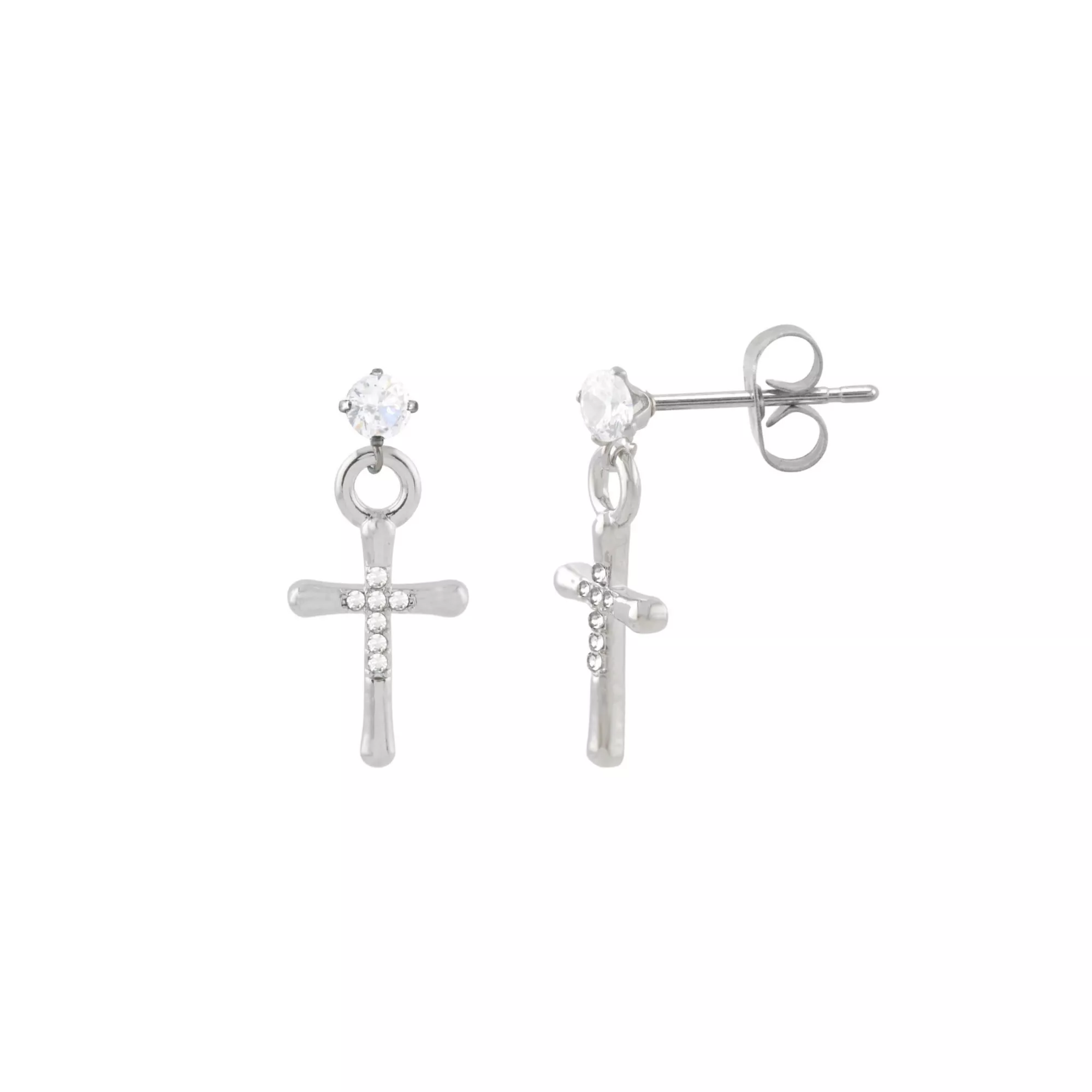 CZ Silver-Tone Cross Dangle Stud Earrings - 20 Gauge at Spencer's
