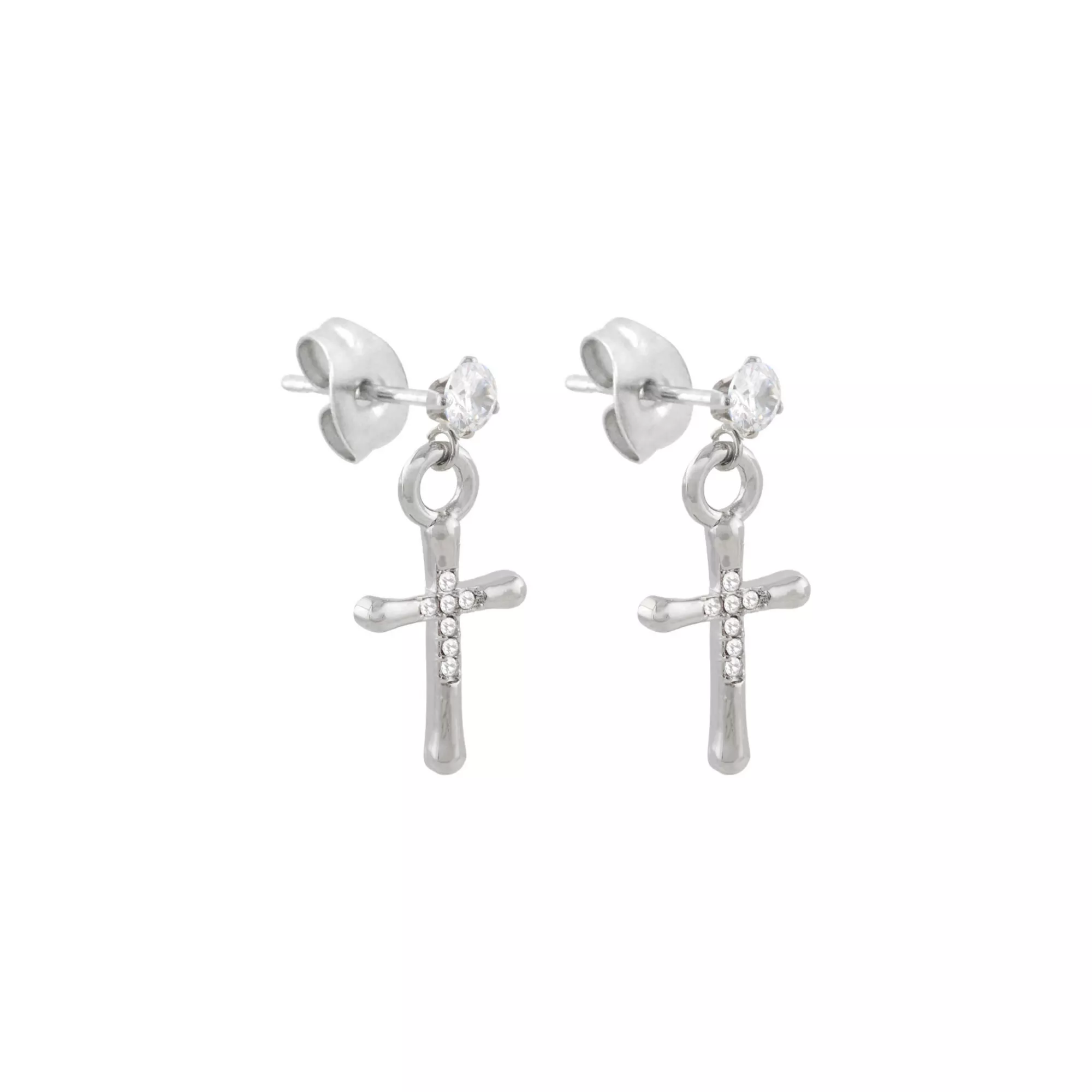 CZ Silver-Tone Cross Dangle Stud Earrings - 20 Gauge