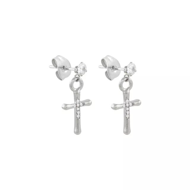 CZ Silver-Tone Cross Dangle Stud Earrings - 20 Gauge at Spencer's