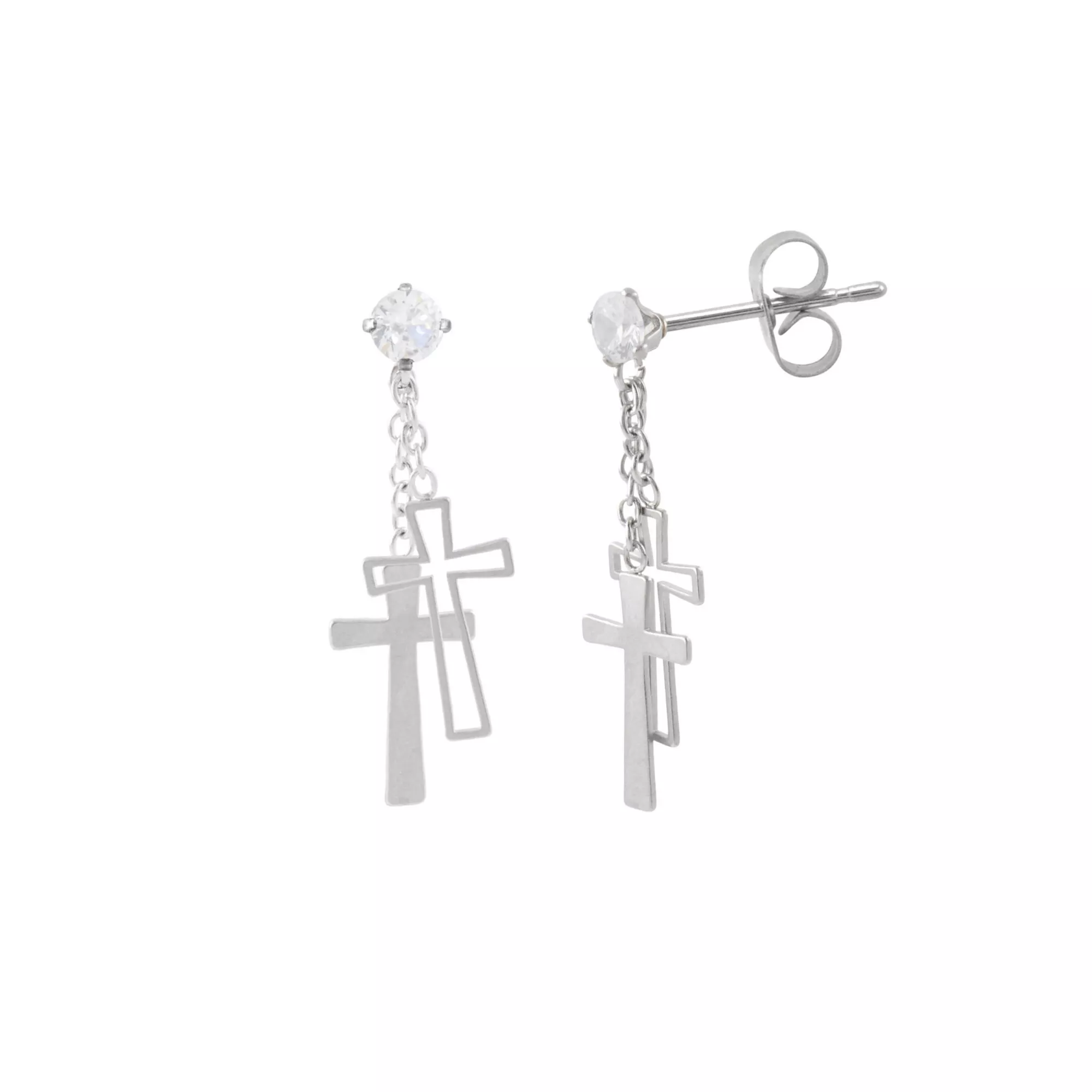 Clear CZ Double Cross Dangle Stud Earrings - 20 Gauge at Spencer's