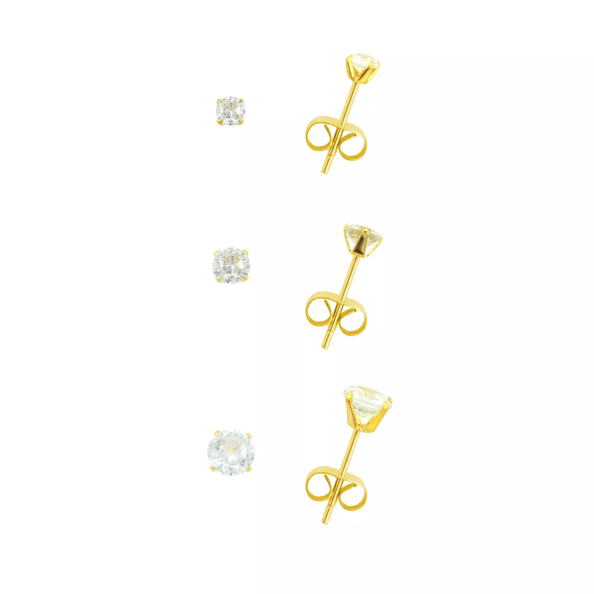 Multi-Pack Clear CZ 14K Gold-Plated Stud Earrings 3 Pair - 20 Gauge