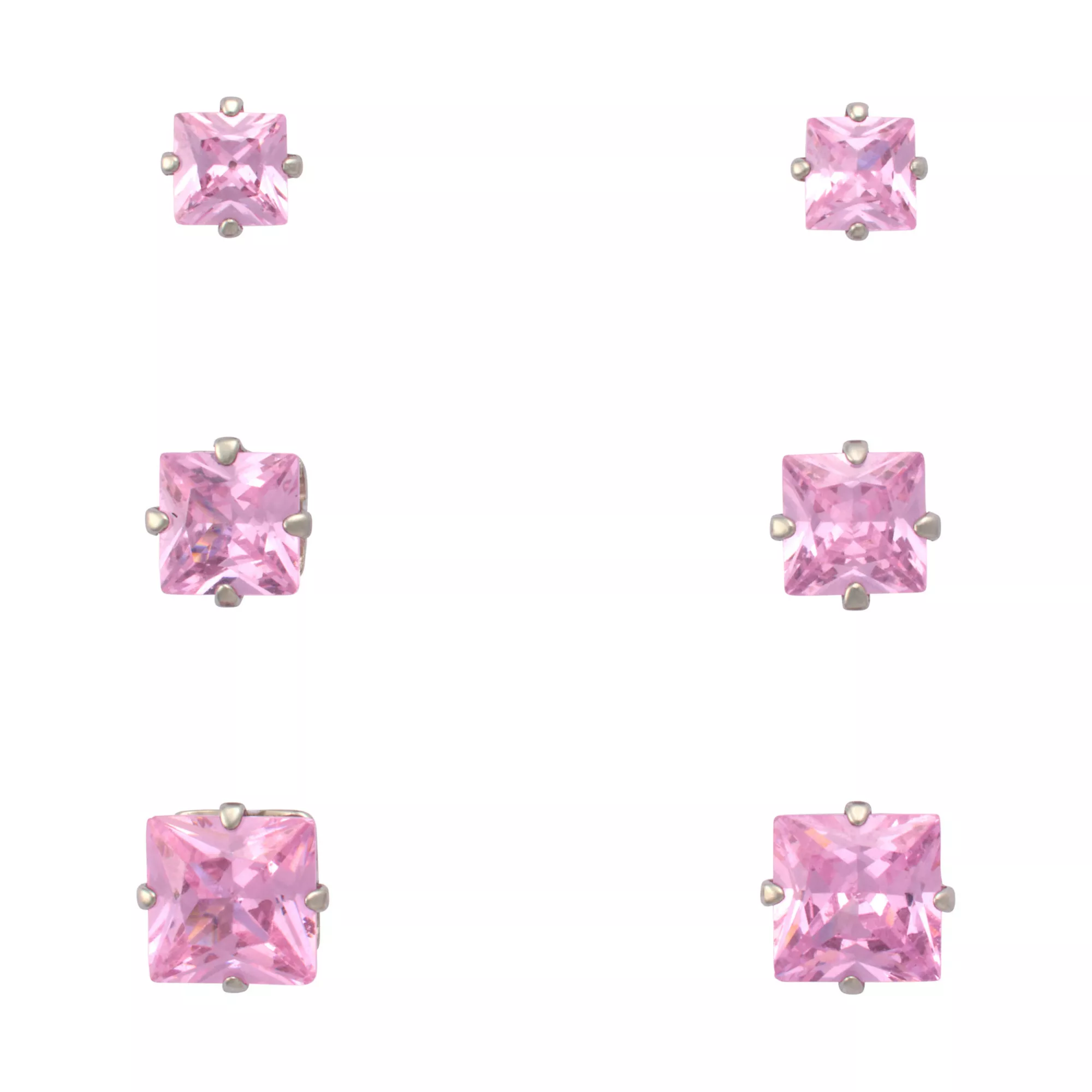 Multi-Pack Pink CZ Square Stud Earrings 3 Pairs - 20 Gauge