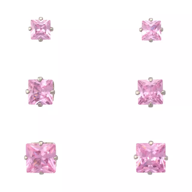 Multi-Pack Pink CZ Square Stud Earrings 3 Pairs - 20 Gauge