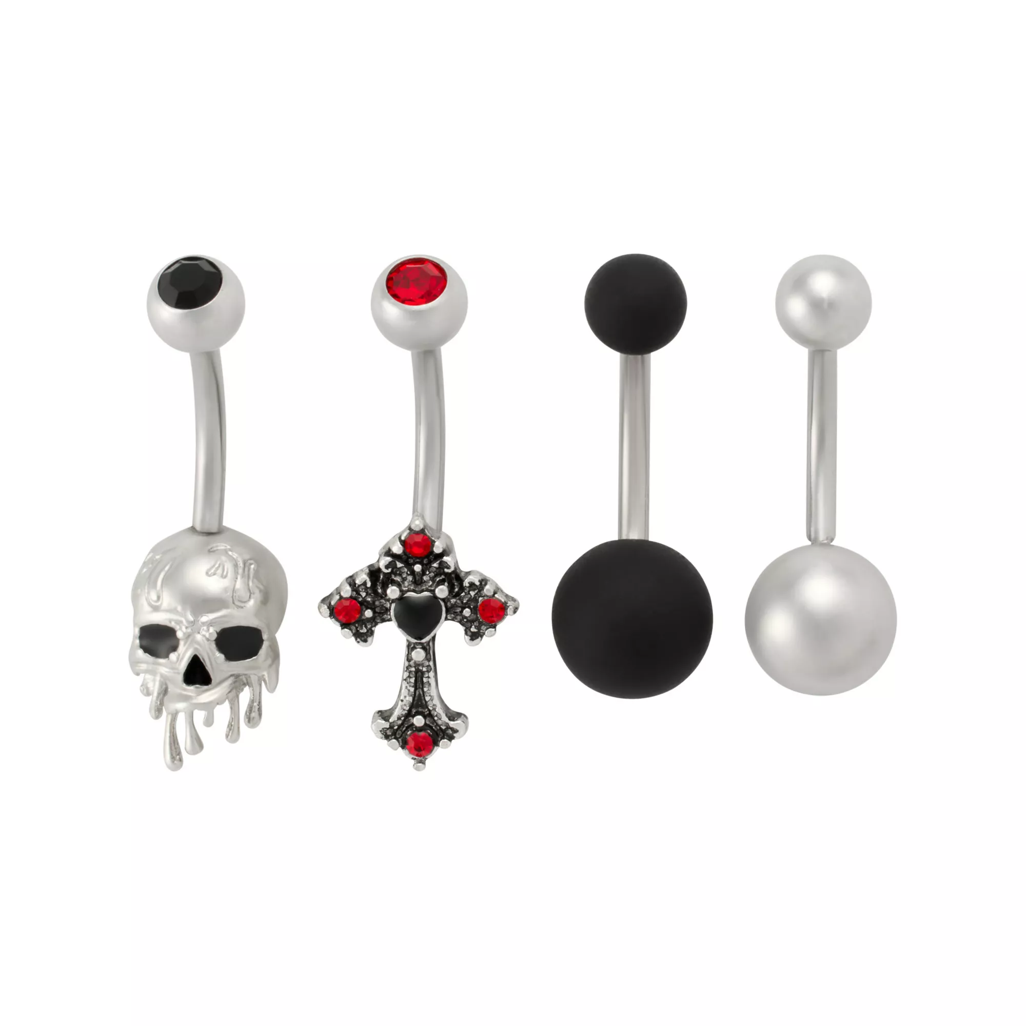 Multi-Pack Red CZ Cross and Skull Silver-Tone Belly Rings 4 Pack - 14 Gauge