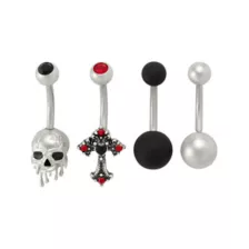 Multi-Pack Red CZ Cross and Skull Silver-Tone Belly Rings 4 Pack - 14 Gauge at Spencer's