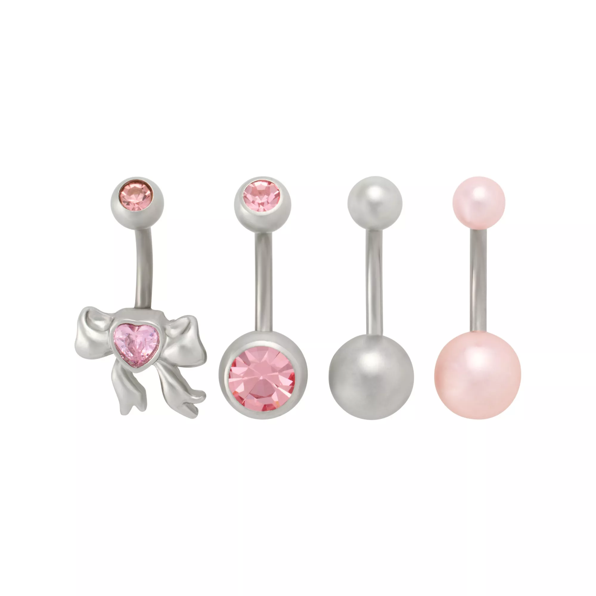 Multi-Pack Pink CZ Bow Silver-Tone Titanium Belly Rings 4 Pack - 14 Gauge at Spencer's
