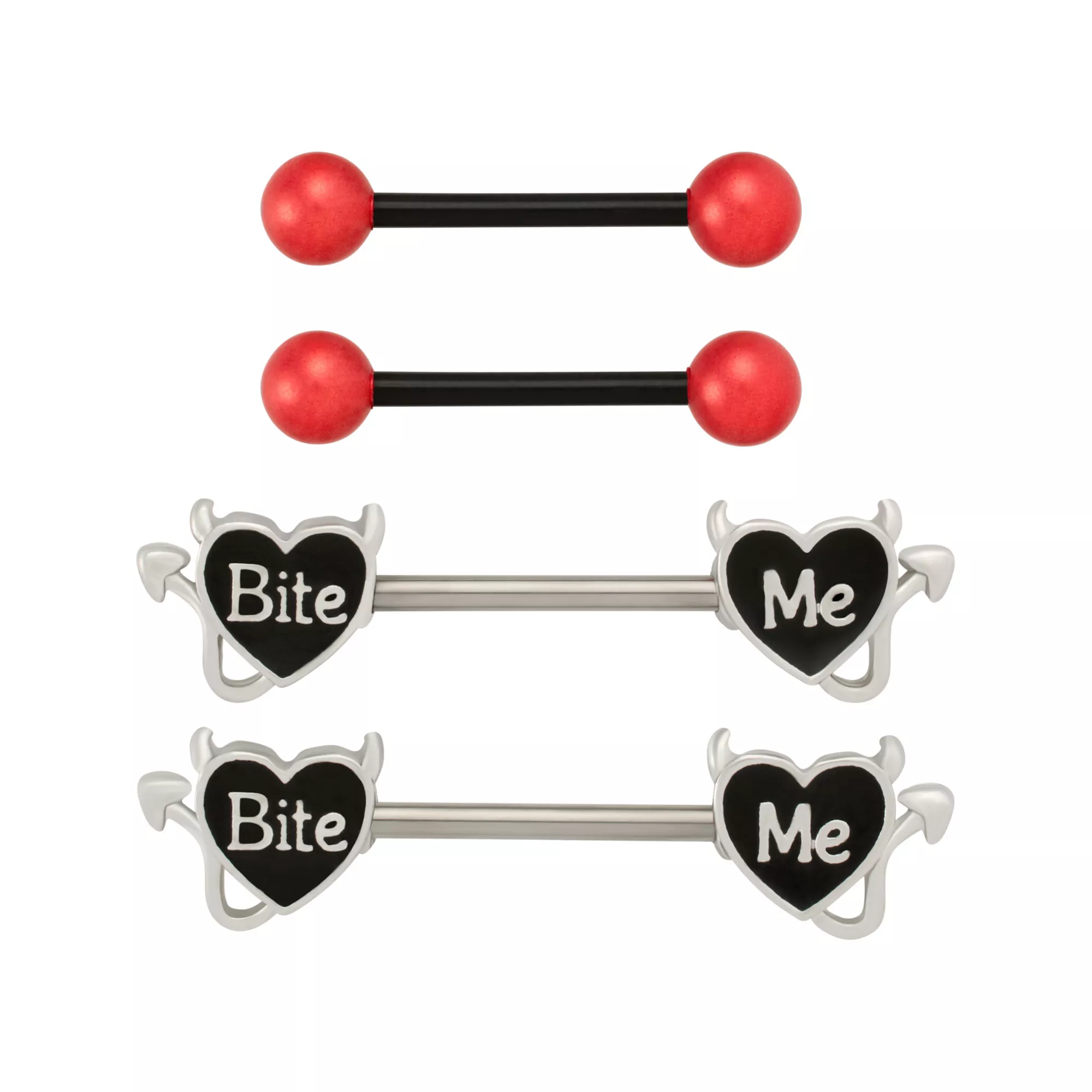 Multi-Pack Bite Me Heart and Basic Nipple Barbells 2 Pair - 14 Gauge at Spencer's