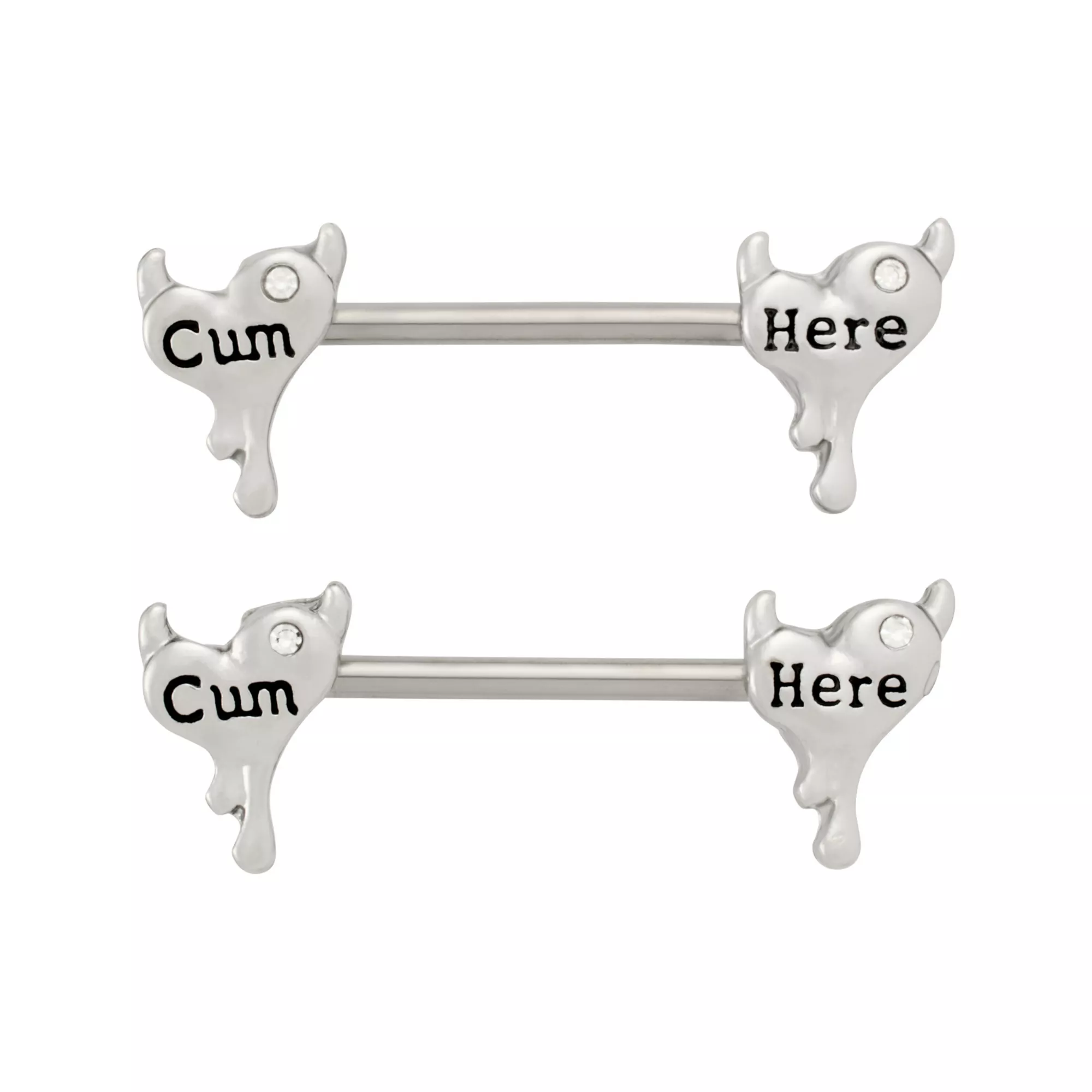 Cum Here Heart Silver-Tone Nipple Barbells - 14 Gauge