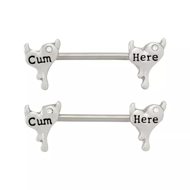 Cum Here Heart Silver-Tone Nipple Barbells - 14 Gauge