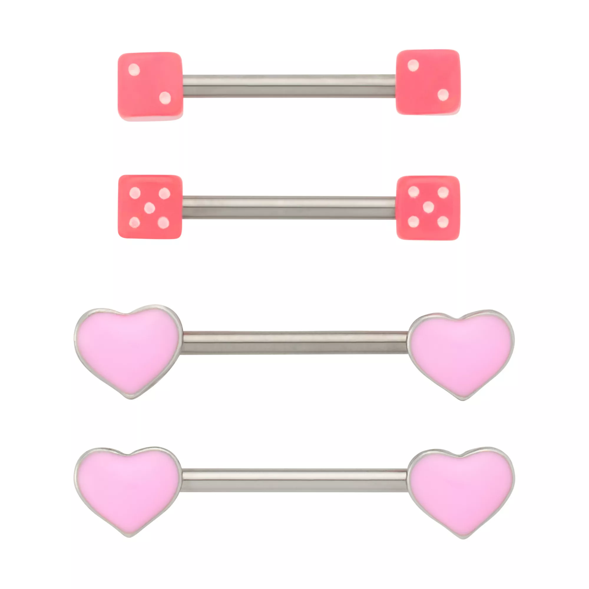Multi-Pack Pink Heart and Dice Nipple Barbells 2 Pair - 14 Gauge at Spencer's
