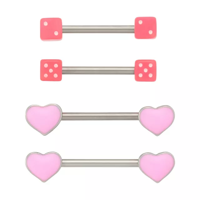 Multi-Pack Pink Heart and Dice Nipple Barbells 2 Pair - 14 Gauge at Spencer's