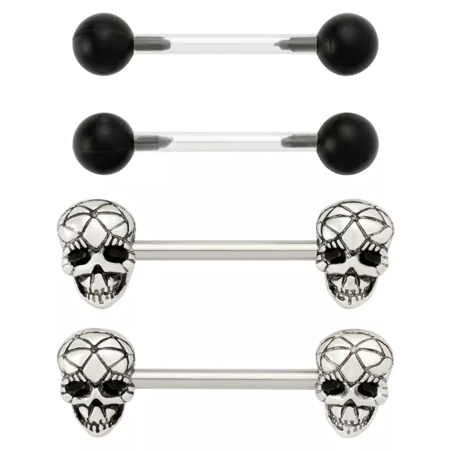 Multi-Pack Geometric Skull and Basic Nipple Barbells 2 Pair - 14 Gauge at Spencer's