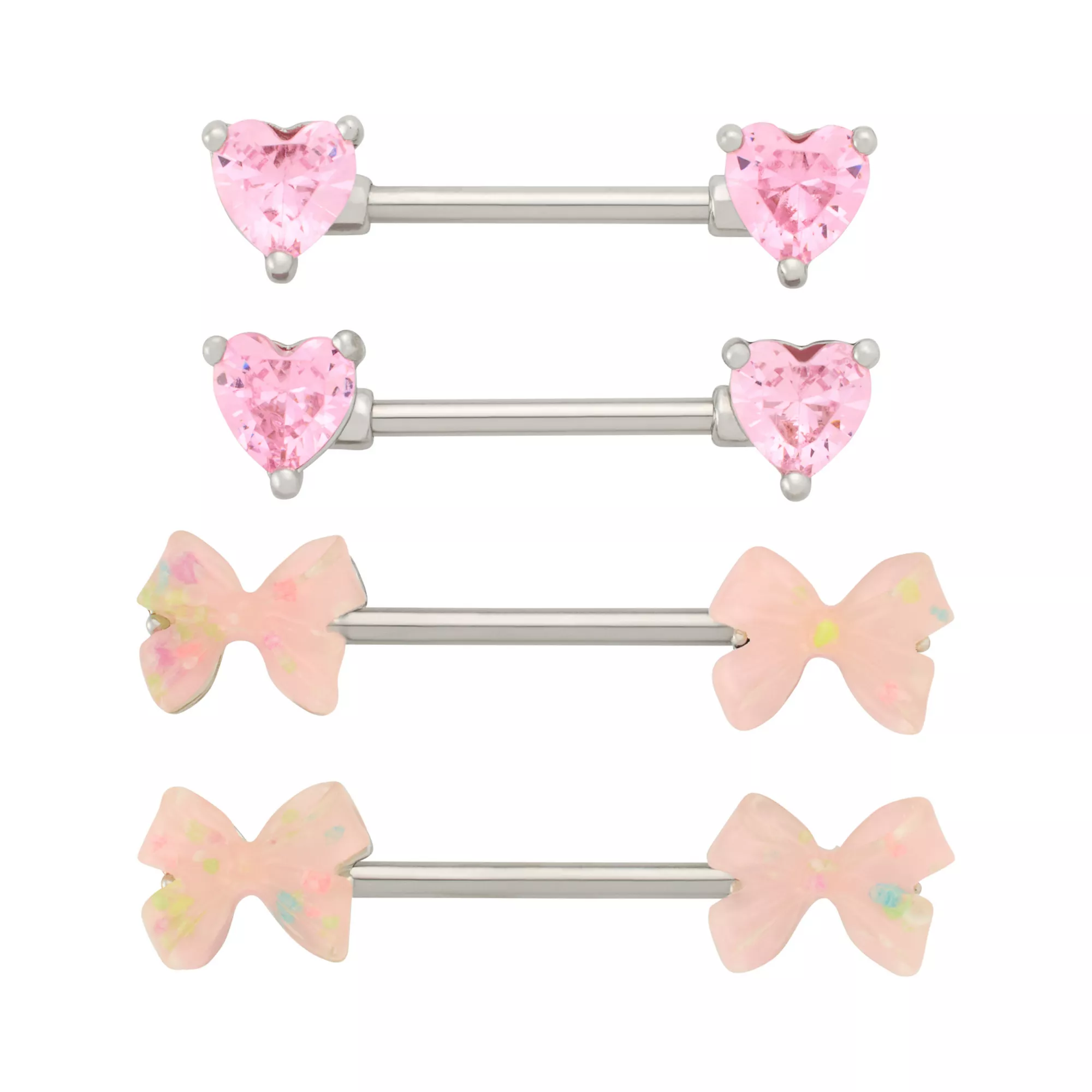 Multi-Pack Pink CZ Heart and Bow Silver-Tone Nipple Barbells 2 Pair - 14 Gauge at Spencer's