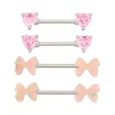 Multi-Pack Pink CZ Heart and Bow Silver-Tone Nipple Barbells 2 Pair - 14 Gauge at Spencer's